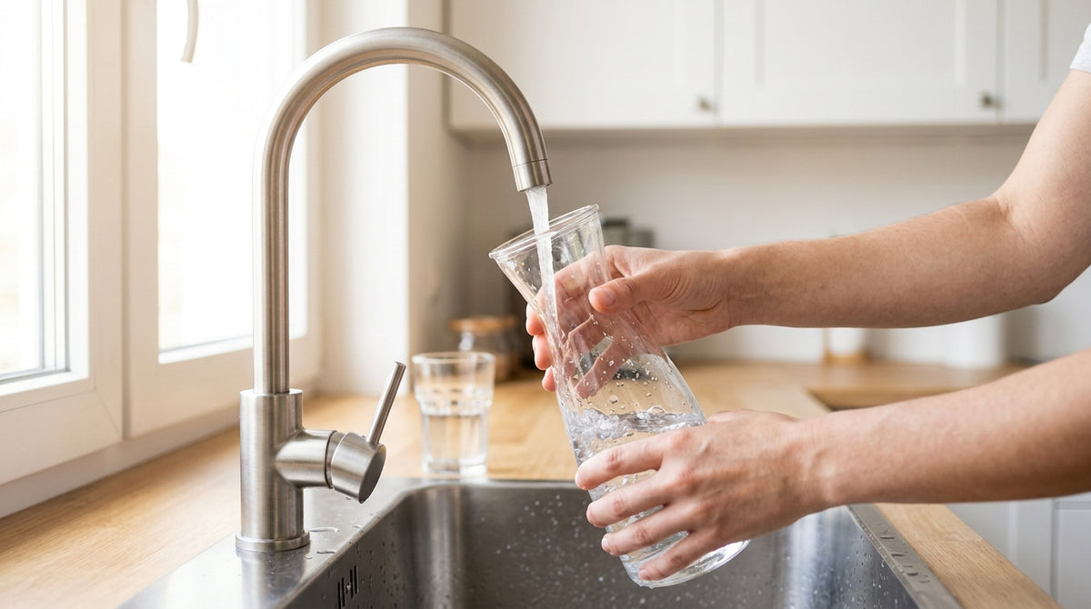 Remplissage d’une carafe en verre au robinet de la cuisine