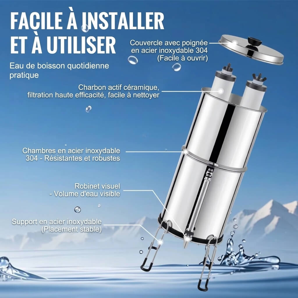 Osmérix – Filtre à Eau par Gravité en Acier Inoxydable, 2 Réservoirs de 7,8 L et 8,5 L avec 2 Filtres Céramique et Charbon Actif