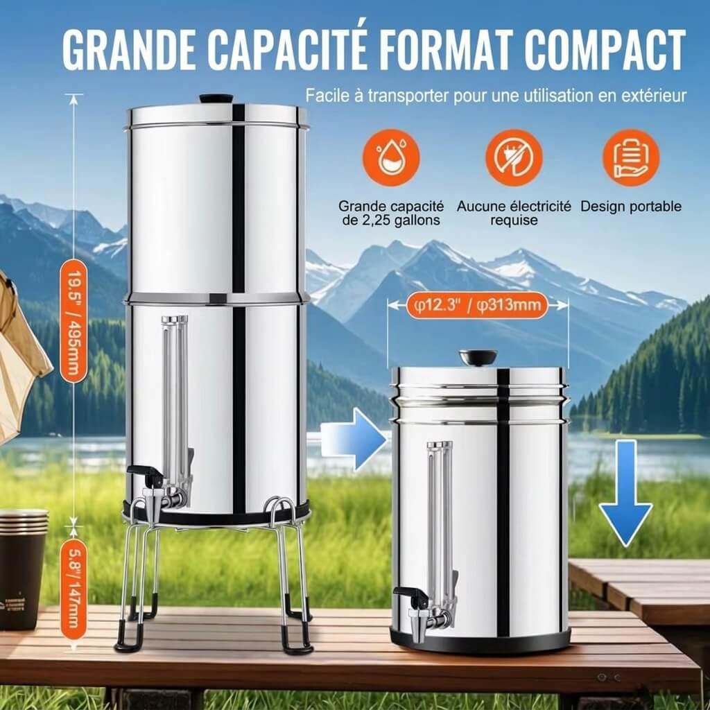 Osmérix – Filtre à Eau par Gravité en Acier Inoxydable, 2 Réservoirs de 7,8 L et 8,5 L avec 2 Filtres Céramique et Charbon Actif