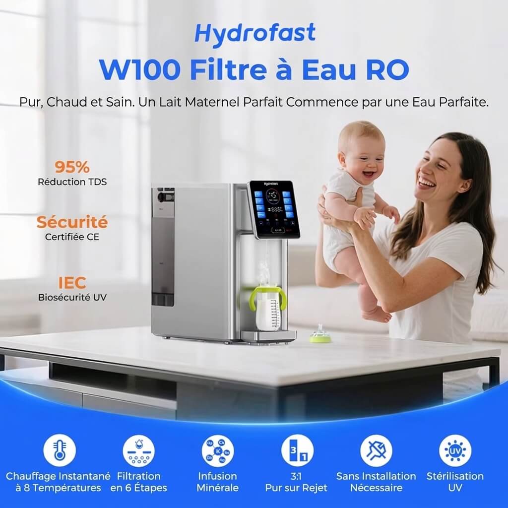 Osmérix Hydrofast W100 – Purificateur d’Eau par Osmose Inverse avec Eau Chaude Instantanée, 6 Étapes de Filtration et 8 Températures