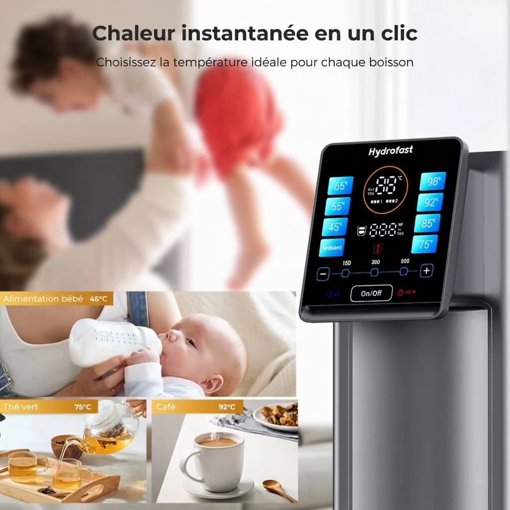 Osmérix Hydrofast W100 – Purificateur d’Eau par Osmose Inverse avec Eau Chaude Instantanée, 6 Étapes de Filtration et 8 Températures